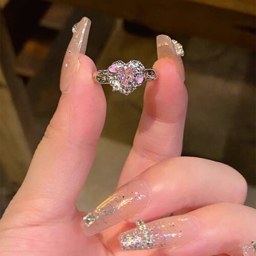 Каблучка жіноча геометрична "Серце" зі стразами срібна (10516)