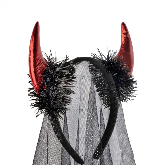 Обруч на Хелловін "Наречена диявола/фата" з червоними рогами чорний
