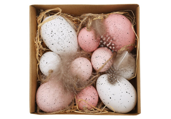 Набір великодніх підвісок "Яйце з пером" (10 шт) 4*6 см/ 3*4 см у коричневій упаковці