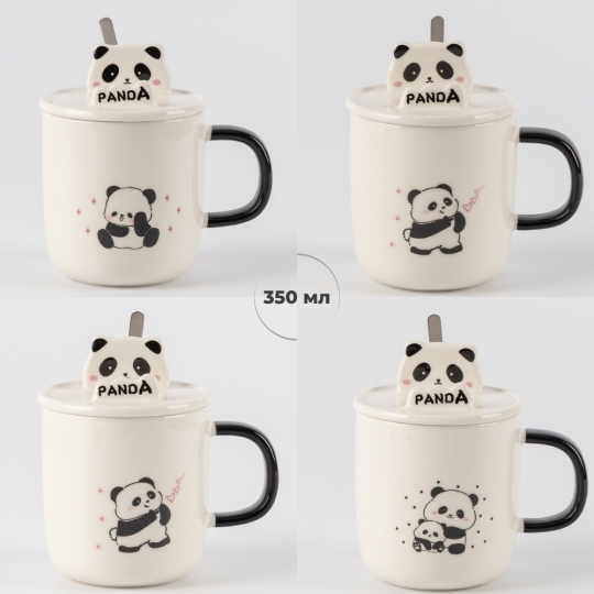 Чашка керамічна "Панда" з кришкою та ложкою 350 мл