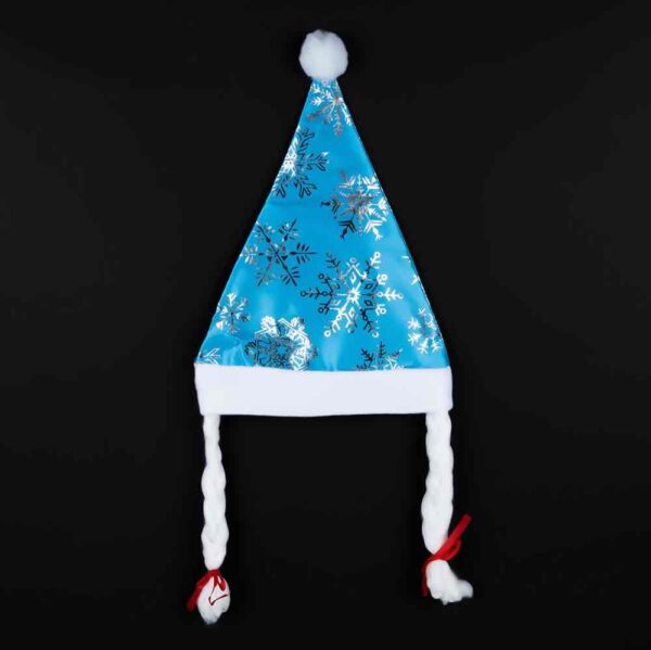 Шапка Новорічна "Дід Мороз/ Снігурочка" з косичками блакитна