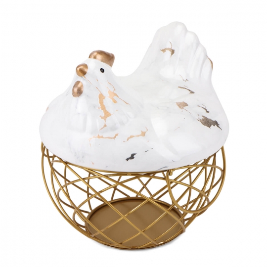 Кошик металевий "Пасхальна курочка" з керамічною кришкою біла/золото