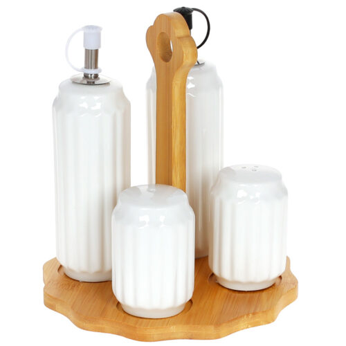 Набір для спецій "Naturel" (крупна полоска) сіль/перець/пляшки для олії та оцту на бамбуковій підставці 200 мл