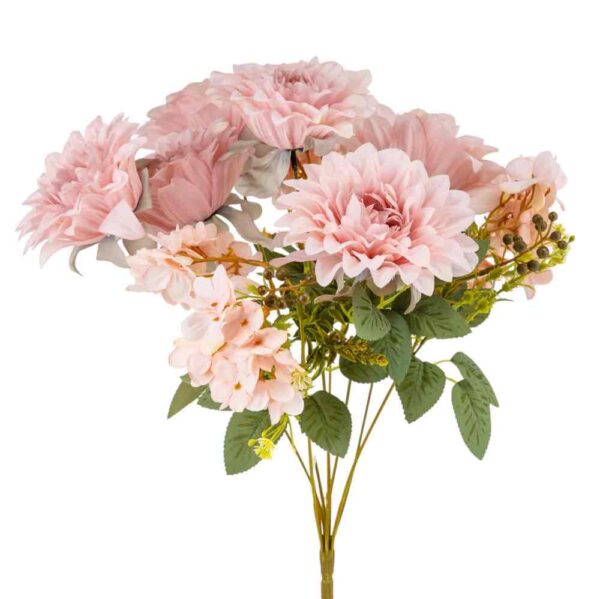 Штучний букет “Квітковий ансамбль” (6 жоржин і 3 гортензії) рожевий 45 см