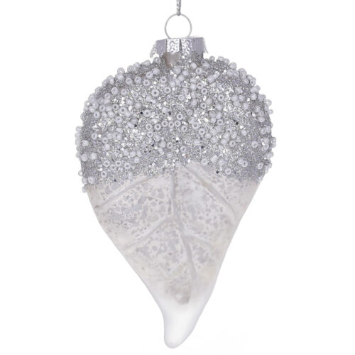 Ялинкова прикраса "Лист з бісером" срібний 11.7 см (скло)