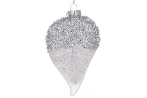 Ялинкова прикраса "Лист з бісером" срібний 11.7 см (скло)