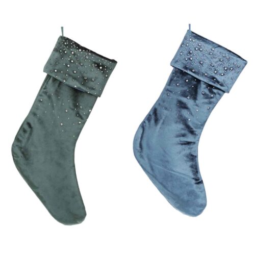 Чобіток для подарунків оксамитовий зі стразами зелений/синій 45 см