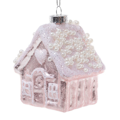 Ялинкова прикраса "Будиночок" рожевий 10 см (скло)