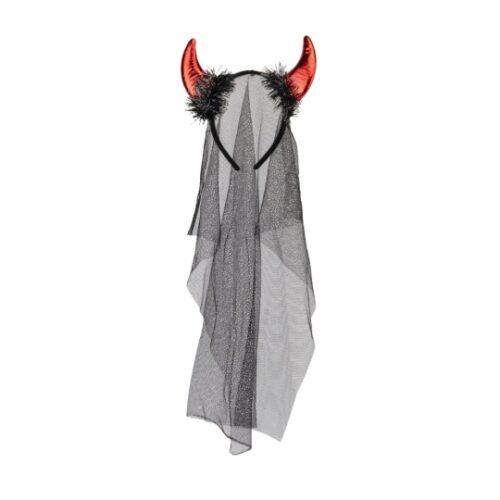 Обруч на Хелловін "Наречена диявола/фата" з червоними рогами чорний