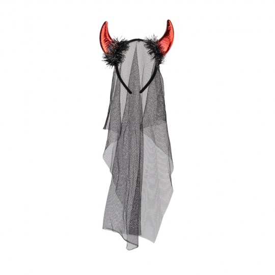 Обруч на Хелловін "Наречена диявола/фата" з червоними рогами чорний