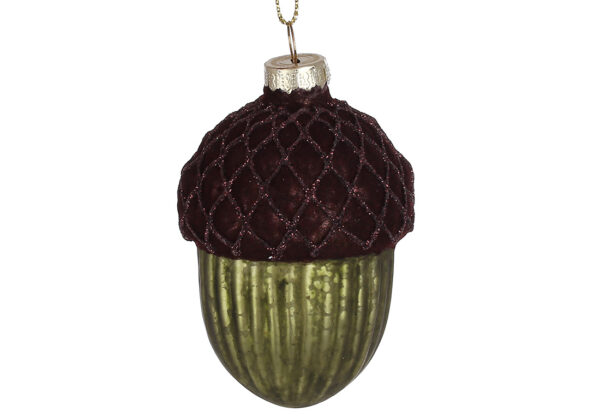 Ялинкова прикраса "Жолудь" зелений з коричневим 8,5 см (скло)