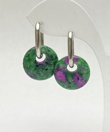 Сережки-кільця з натур. кам. Цоїзит зелений бублик