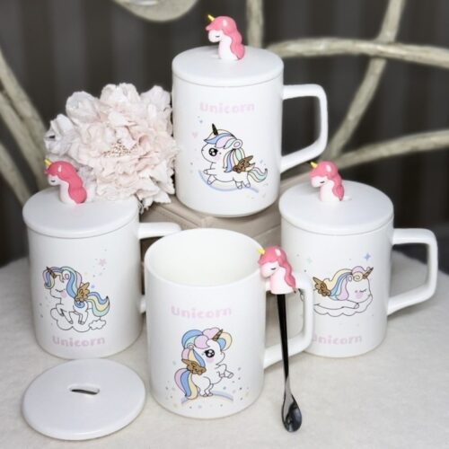 Чашка керамічна "Єдиноріг" з кришкою та ложкою 380 мл