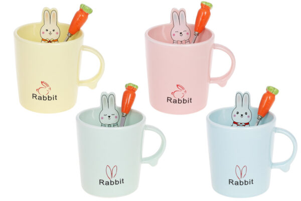 Чашка керамічна "Rabbit" з кришкою та ложкою 380 мл мікс кольорів