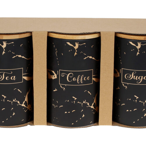 Набір керамічних банок "Tea Coffee Sugar" 650 мл (3 шт) з бамб. кришкою чорний з золотим