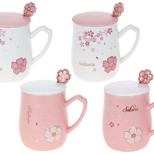 Чашка порцелянова "Сакура" з кришкою та ложкою 380 мл біла/рожева