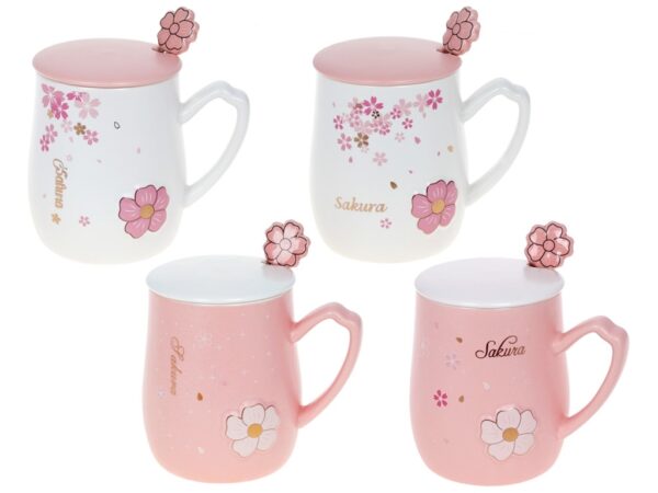 Чашка порцелянова "Сакура" з кришкою та ложкою 380 мл біла/рожева