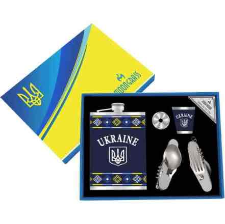 Набір чоловічий подарунковий "UKRAINE" Moongrass 5 в1 (фляга/ чарка/ виделка/ ніж/ лійка)
