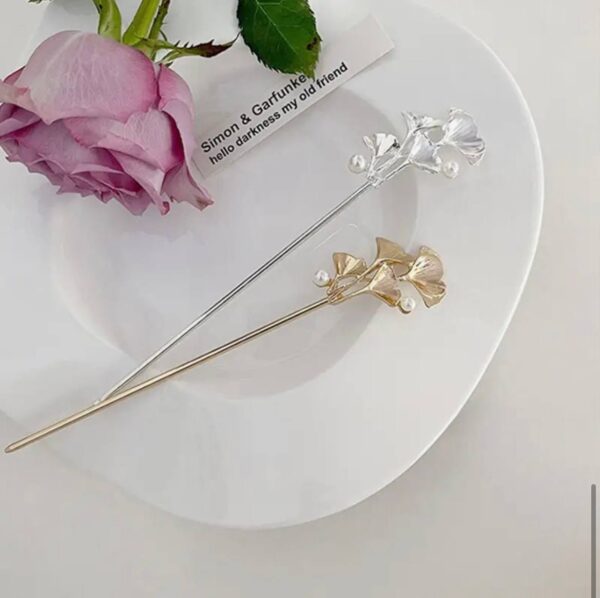 Шпилька-паличка для волосся 1 шт металева "Гінкго" золота / срібна