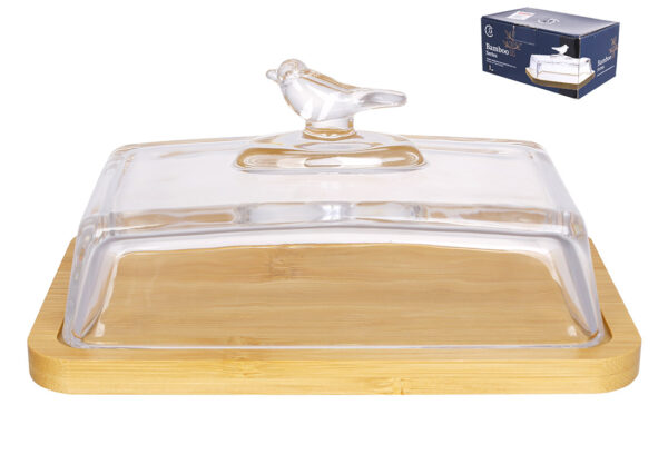 Маслянка скляна "Пташка" на бамбуковій підставці 17,5*11*8,5 см