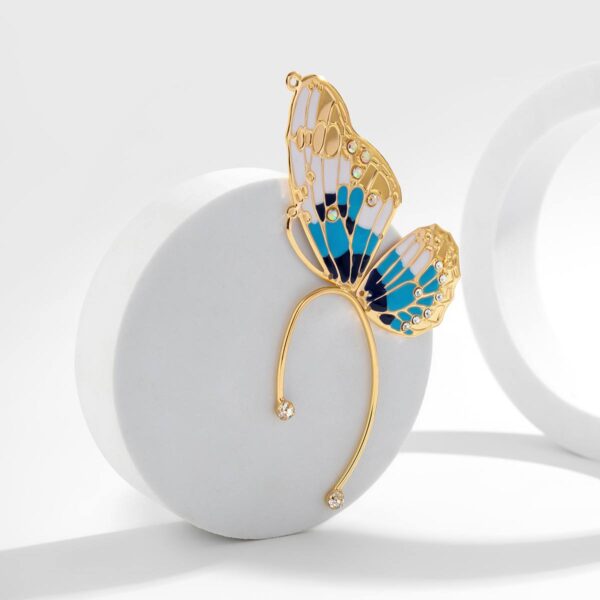 Сережка-кафф "Метелик" металева золото з блакитним