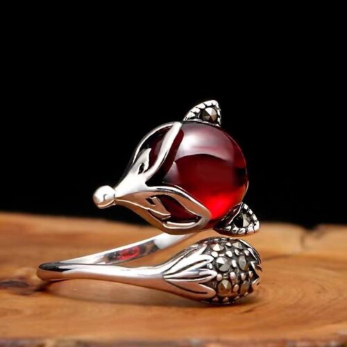 Каблучка металева "Лисичка" срібна з червоним камінцем (10425)