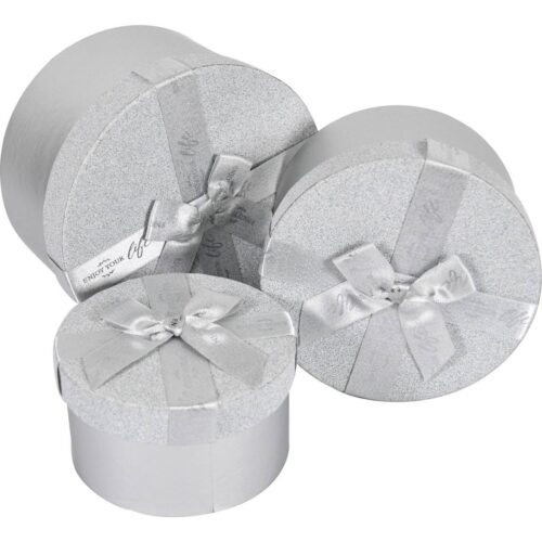 Коробка подарункова кругла срібна зі стрічкою №2 (D-17 H-9,5 cм)