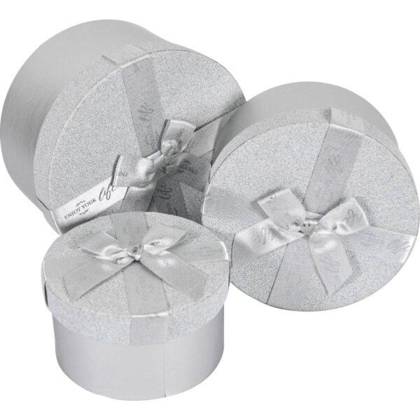 Коробка подарункова кругла срібна зі стрічкою №2 (D-17 H-9,5 cм)