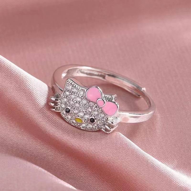 Каблучка жіноча "Hello Kitty" рожевий бантик стрази срібна (10517)