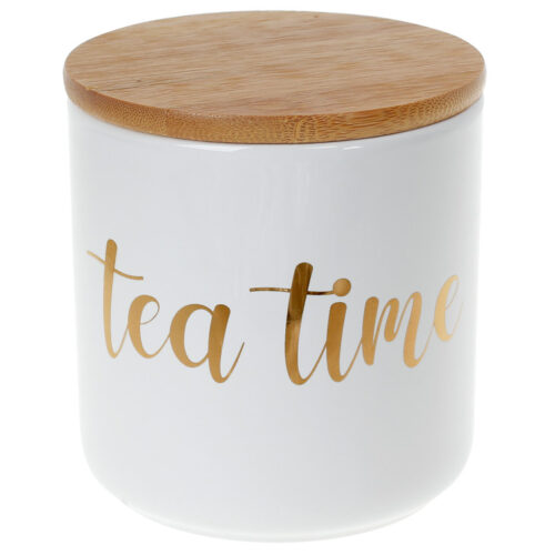 Банка керамічна з бамбуковою кришкою Tea Time, 550мл білий із золотом