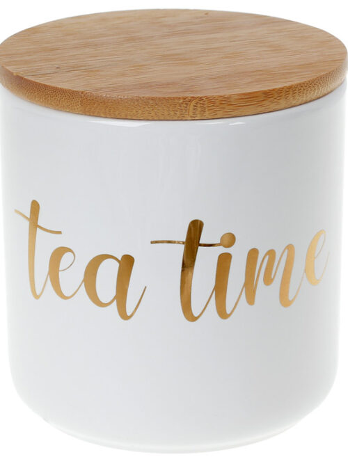 Банка керамічна з бамбуковою кришкою Tea Time, 550мл білий із золотом