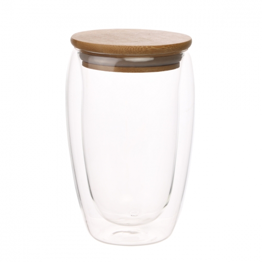 Чашка скляна двошарова без ручки з бамбуковою кришкою 450 мл