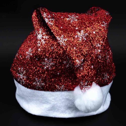 Шапка Новорічна "Дід Мороз" зі сніжинками блискуча червона