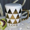 Чашка керамічна "Love" з кришкою та ложкою біла з золотим