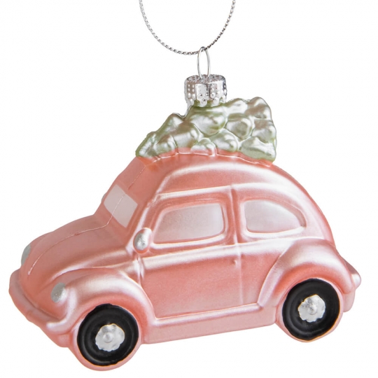 Ялинкова прикраса "Машина з ялинкою" 11 см рожева (пластик)