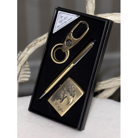 Набір чоловічий подарунковий "Moongrass" ручка/брелок/запальничка античне золото (18*10*3 см)