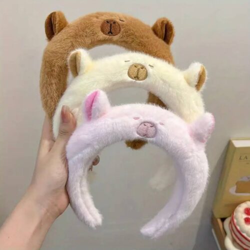 Обруч для волосся плюшевий "Капібара" беж/білий/рожевий