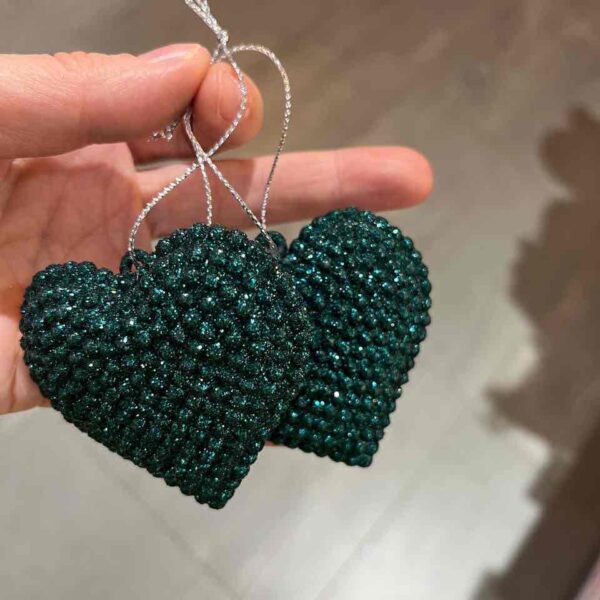 Набір ялинкових прикрас "Серце" 6 см/ 2 шт зелений глітер (пластик)