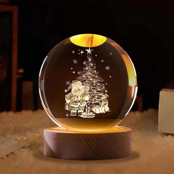 Нічник скляна куля "Дід Мороз з ялинкою" 8 см