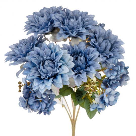Штучний букет “Квітковий ансамбль” (6 жоржин і 3 гортензії) синій 45 см
