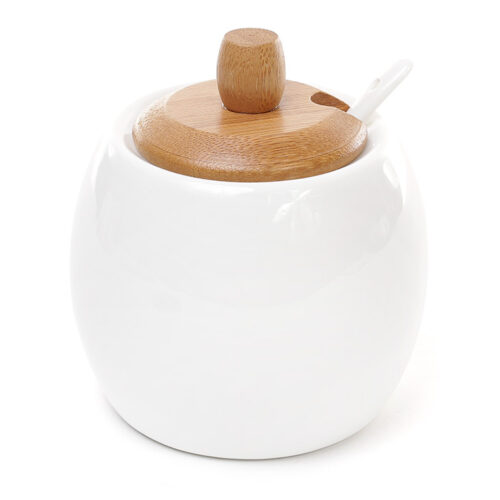 Цукорниця "Naturel" порцелянова з ложкою та бамбуковою кришкою гладка біла 300 мл