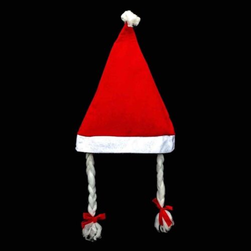 Шапка Новорічна "Дід Мороз/ Снігурочка" з косичками червона