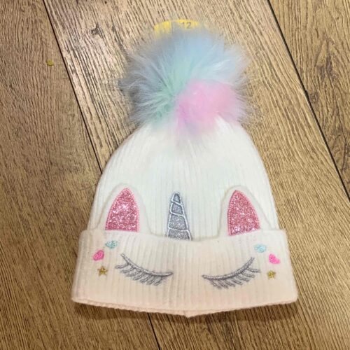 Шапка-Біні дитяча Primark "Єдиноріг" з помпоном біла
