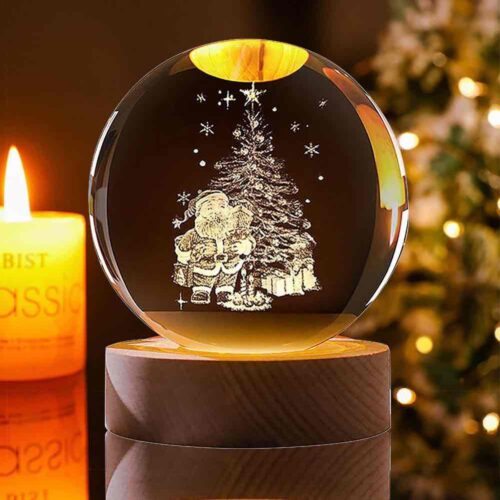 Нічник скляна куля "Дід Мороз з ялинкою" 8 см