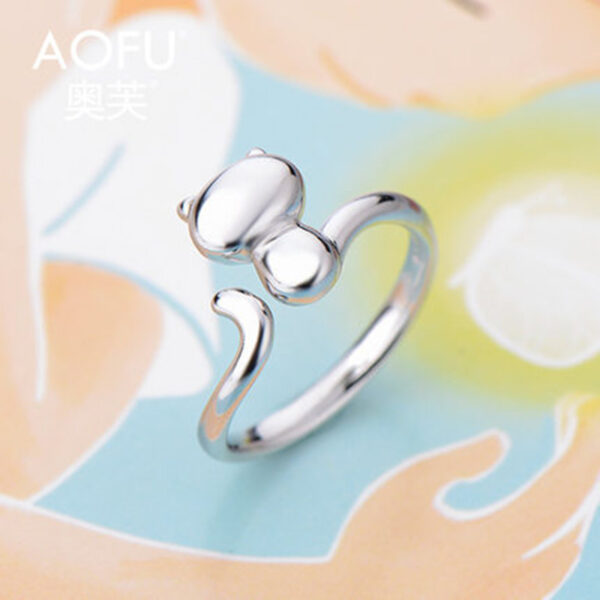 Каблучка жіноча металева «Котик» сидячий спиною срібний (7453)