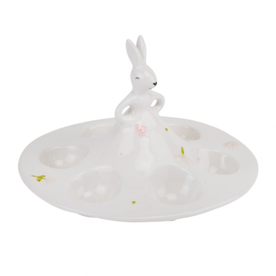 Підставка "Білий кролик у саду" для 6 яєць 14 см біла