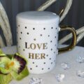 Чашка керамічна "Love" з кришкою та ложкою біла з золотим