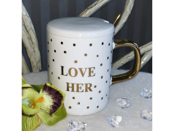 Чашка керамічна "Love" з кришкою та ложкою біла з золотим