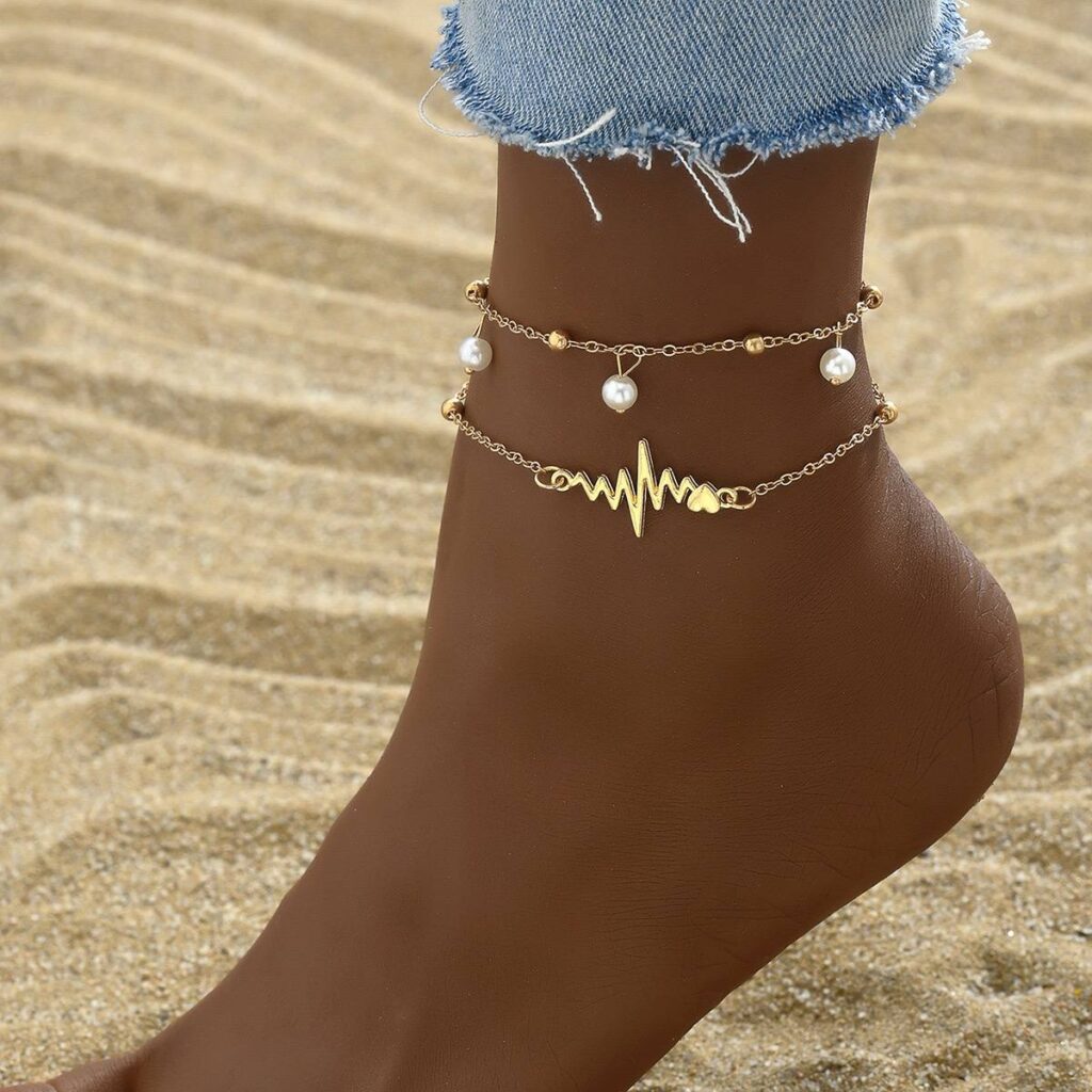 Прикраса на ногу "Кардіаграма" ланцюжки срібні/золоті 2 шт (1443)