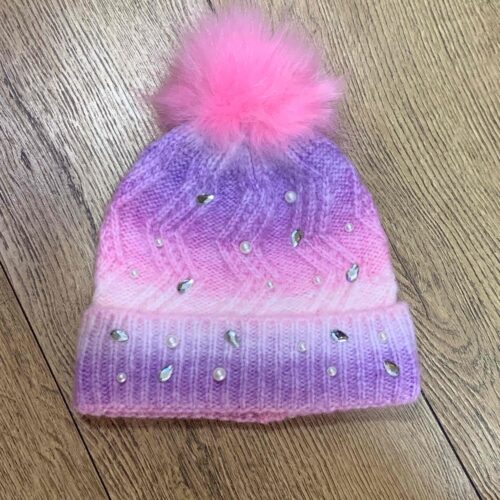 Шапка-Біні дитяча Primark в'язана в рубчик з помпоном та камінцями рожева